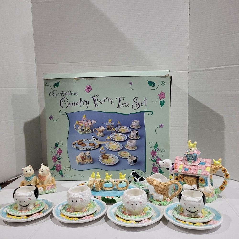 Country Farm Tea Set 1994 23 piece Hand Painted Tea Set -  See Pictures READ
